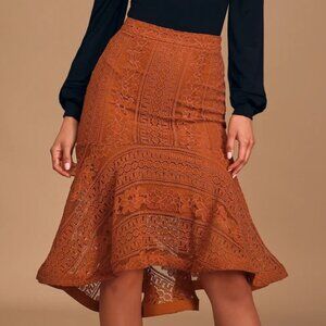 NWT Lulus In High Spirits Rust Red Lace Mermaid Midi Skirt, size M